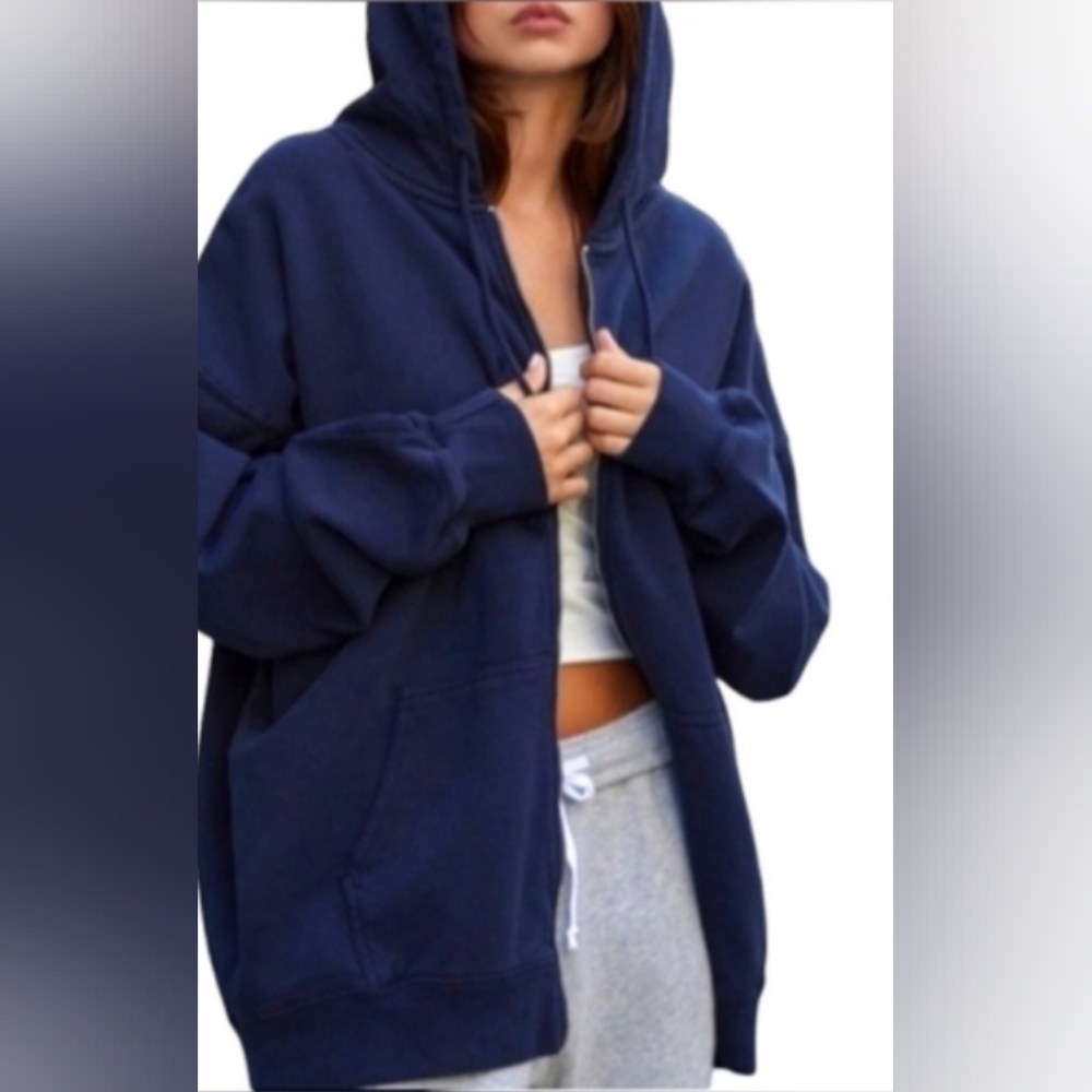 Hill House Teddy Size Medium Navy Blue Relaxed-Fit Zipper Hooded Sweatshirt NWT
